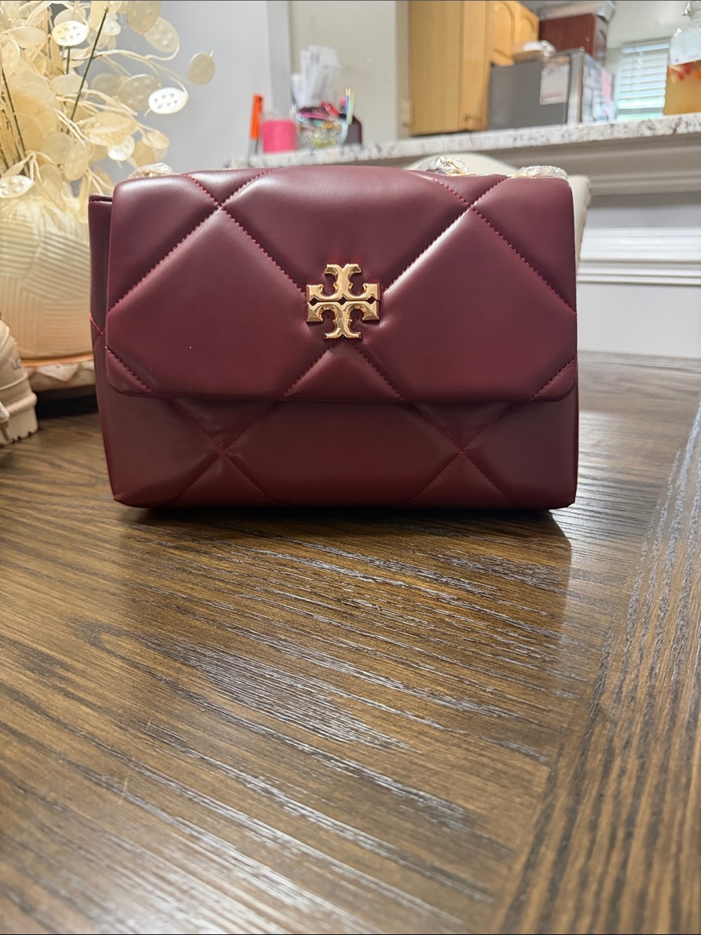 Tory Burch Quilted Crossbody Bag in Burgundy with Gold Hardware